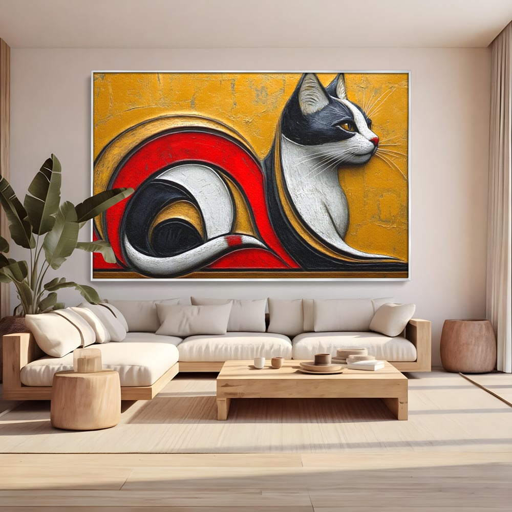 Tablou canvas cu tablou canvas cu pisica stilizata in profil, in rama de aluminiu argintiu, pe perete intr-un living